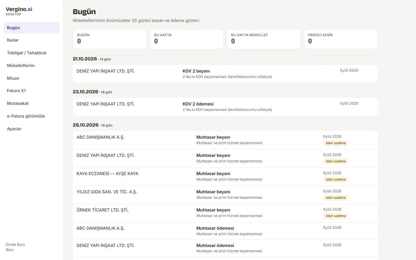 Vergino Desktop Bugün ekranı: mükelleflerin yaklaşan beyan ve ödeme günleri