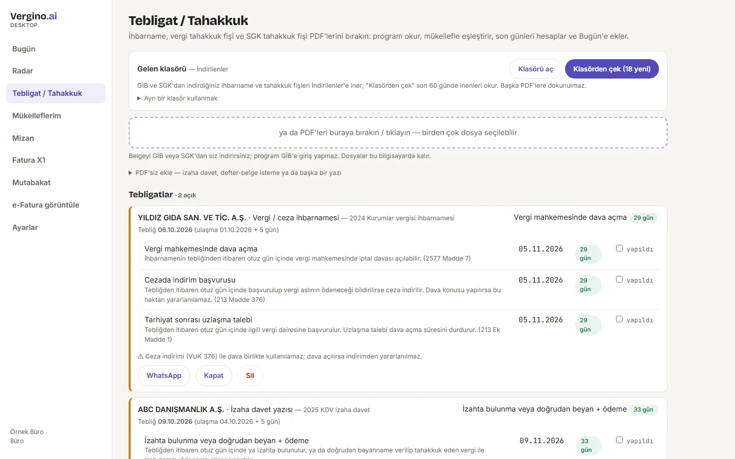 Tebligat / Tahakkuk ekranı